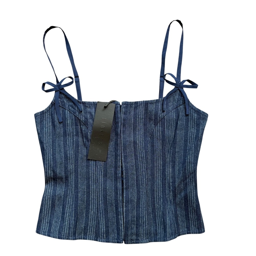 Lioness Charismatic Pinstripe Denim Set Corset Top S and Flare Jeans XS Blue - Picture 9 of 16